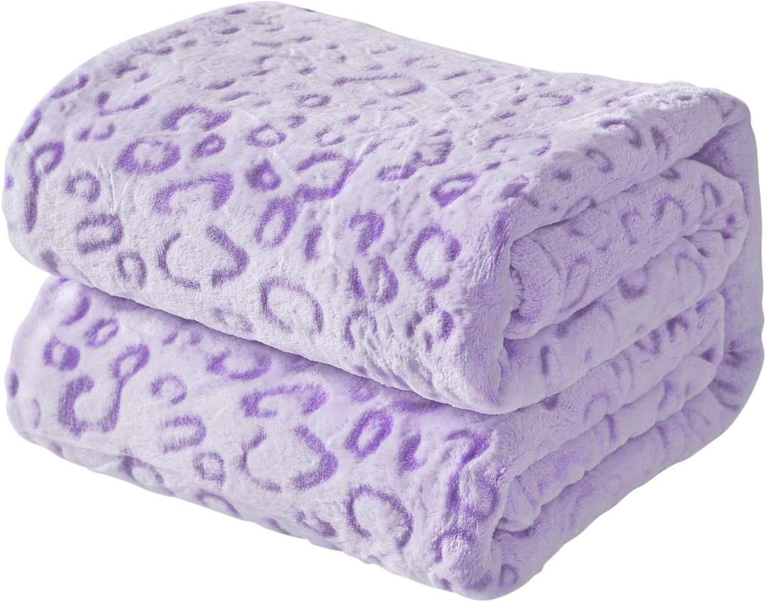 FY FIBER HOUSE Flannel Fleece Throw Microfiber Blanket with 3D Cheetah Print,60"X80",Purple