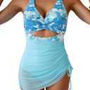 B2prity Women Mesh One Piece Swimdress Swimsuit Tummy Control V Neck Cutout Bathing Suit Wrap Drawstring Sarong Swimwear, S