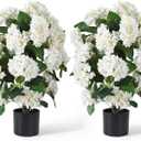 Faux Hydrangea Trees 30“ 2 Pack, Hydrangea Artificial Flower for Outdoor, UV Resistant Lifelike Potted Shrubs for Porch & Patio, Fake Plants for Wedding, Living Room Farmhouse (White)