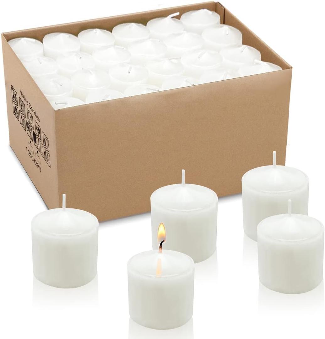 8 Hour White Votive Candles for Weddings Party Spa and Emergency, Set of 72 Small Unscented Bulk Candles for Restaurants and Home Decoration (1.25 Inch, 72 Pack)
