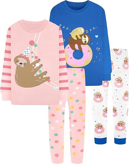 DAUGHTER QUEEN Girls 4 Pieces Cotton Pajamas Size 18 Months-12 Years, 4pcs-pink/Blue-sloth-lga25, 3T, 35 - 38