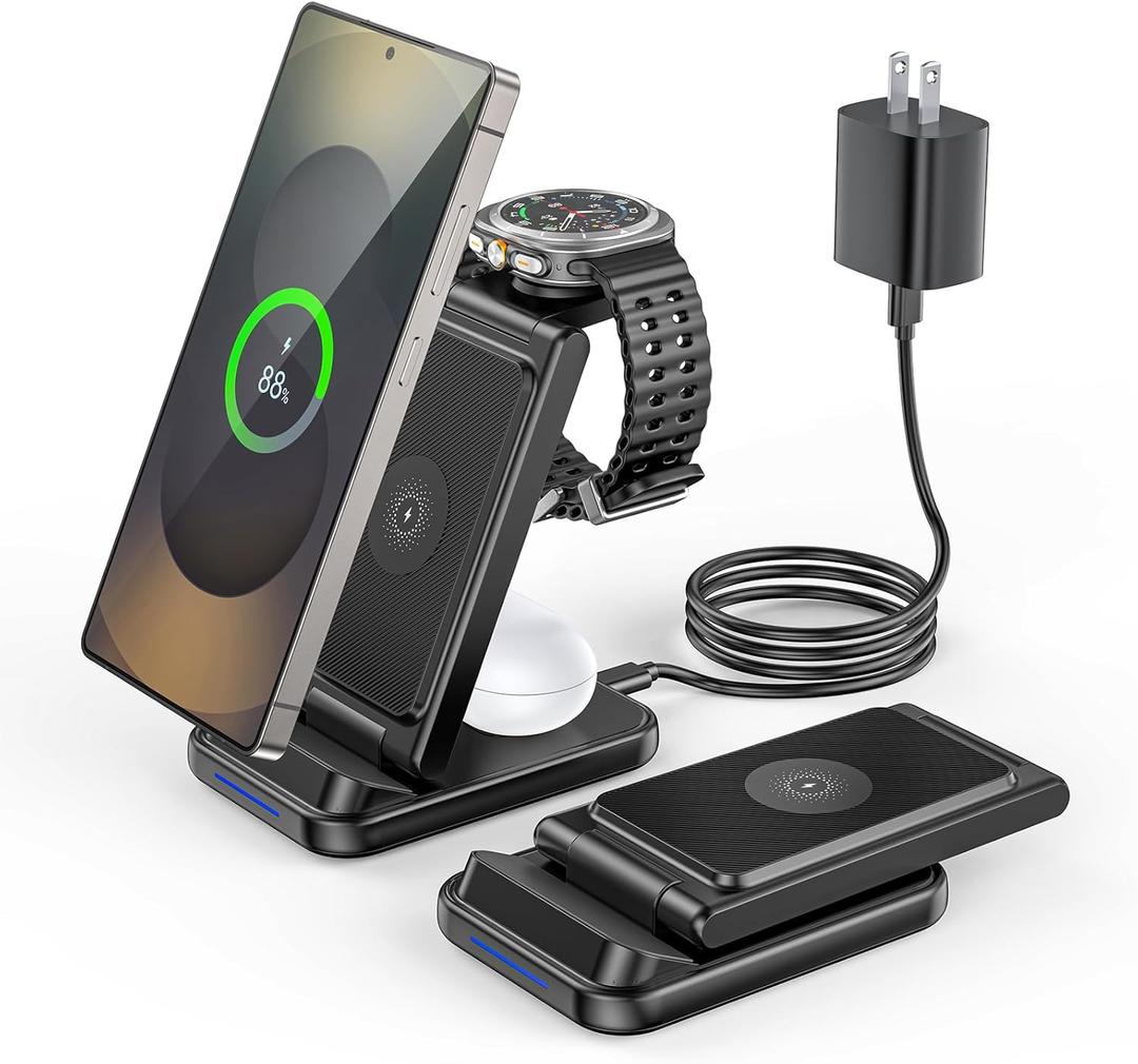 3 in1 Dual Coil Wireless Charger Station for Samsung,Wireless Charger Stand for Samsung,Foldable Fast Charging Station,Compatible with Galaxy Watch 7/6/5,Galaxy Earbuds, S25/S24 Ultra