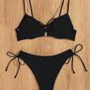 SweatyRocks Women's Ribbed High Cut Bikini Set Bow Tie Side String 2 Piece Swimsuit Bathing Suit (Small, Black)