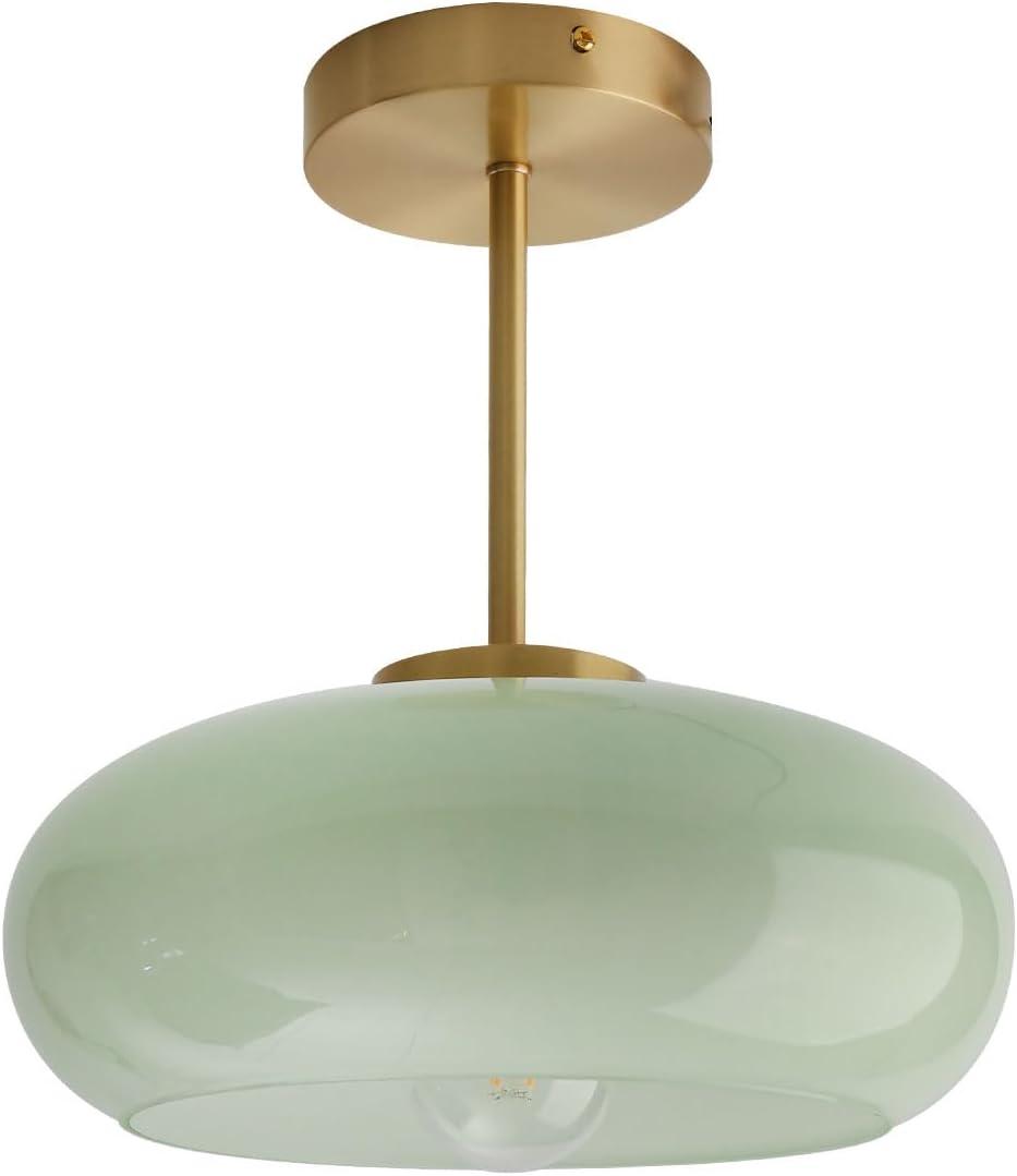 Milk Ceiling Light mid Century Modern Ceiling Light fixtures with Milk Green Glass Shade Gold Semi Flush Mount Ceiling Light, Vintage Glass Ceiling Lamp Hallway Dining Room Kitchen