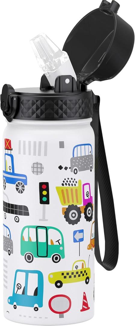 GOPPUS Kids Water Bottle (Straw Lid) - 18 Oz Stainless Steel Travel Bottle, Double Wall Vacuum Leak Proof Kids Cup for School Boys Girls,White engineering car