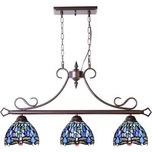 Capulina Tiffany Lamp Stained Glass Pool Table Light 3-Lights 7 Inches Wide Antique Blue Dragonfly Tiffany Style Chandelier Pendant Light for Kitchen Island Dining Room Billiards Room Farmhouse