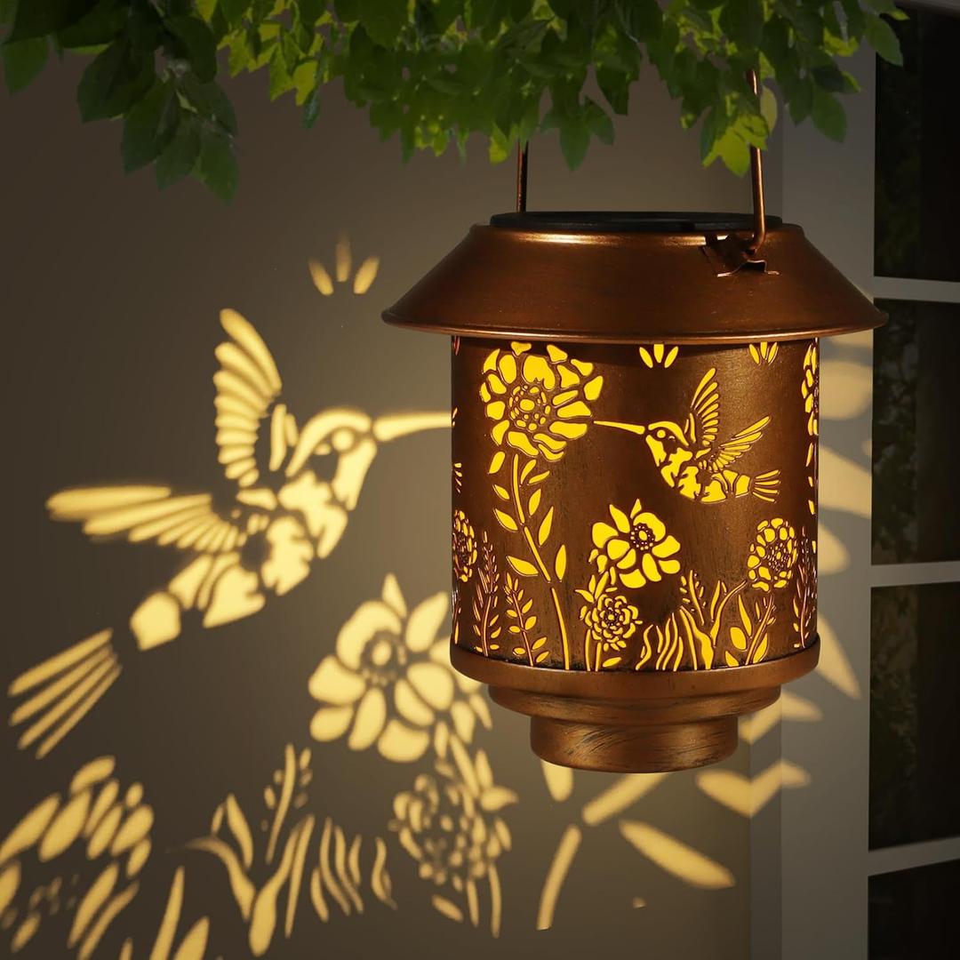 Solar Lantern Lights Outdoor Hanging, Solar Lights Outdoor Waterproof,Garden Decor Gifts for Women Mom,Metal Decoration Lanterns for Garden Patio(Hummingbird)