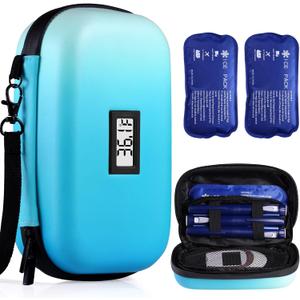 Medicine Cooler for Travel TSA Approved with Temperature Display - Refrigerated Medication Cooler Case for Travel with 2 Ice Pack (Medium, Medium-mix blue)