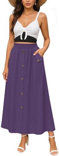 YSYOKOW Women Elastic High Waisted A-Line Midi Skirt Button Front Flowy Long Skirts Casual with Pockets S