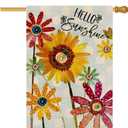 Summer Flowers House Flags for Outdoor, Hello Sunshine Sunflower Daisy Yard Flags for Outside,Seasonal Decorative Flag for Spring Farmhouse Holiday Decoration 28x40 Inch Double Sided