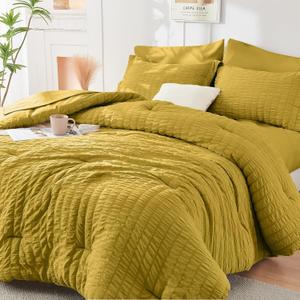 HYMOKEGE Mustard Yellow Full Size Comforter Sets Seersucker 7 Pieces, All Season Luxury Bed in a Bag for Bedroom, Bedding Set with Comforter, Sheets, Pillowcases & Shams