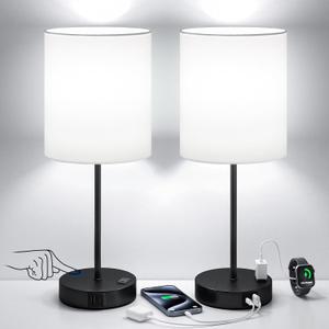 White and Black Lamps for Nightstand Set of 2 - Bedside Table Lamp for Bedroom with Dual USB Ports & AC Outlet, 3-Way Dimmable Lamps for Living Room Boys Room, Night Light with 5000K Daylight Bulbs