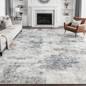 9x12 Area Rug for Living Room:Washable Modern Neutral Abstract Rug with Low Pile Non Slip Soft Thin Large Indoor Carpet for Bedroom Dining Room Home Office Decor - Grey Blue