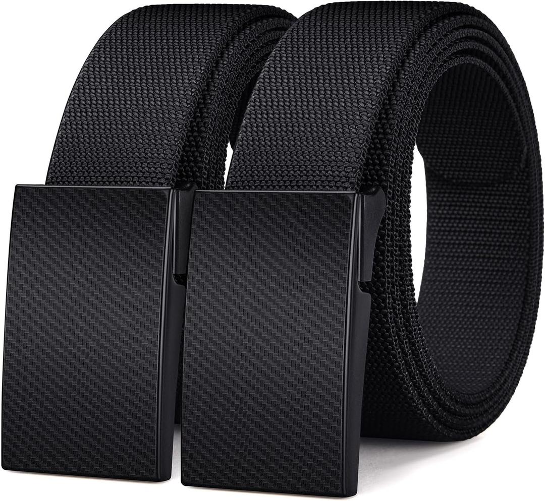 2-Pack TSA Non-Metal Belt for Men, 1.38" Elastic Nylon Ratchet Belt, Airport Friendly, Trim to Fit, Black (Black)