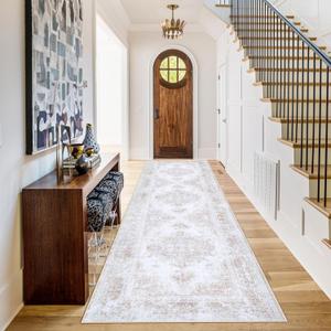 Runner Rug 2x6 Vintage Rugs, Machine Washable Kitchen Runner Retro Medallion Distressed Rug Non-Slip Soft Low Pile Hallway Rugs for Entryway Bedroom Bathroom Laundry (Beige,2'x6')