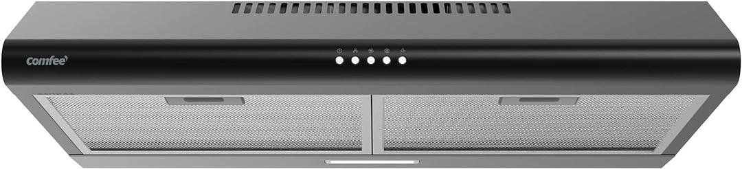 Comfee' Range Hood 30 inch, Under Cabinet Ducted/Ductless Convertible Slim Vent Hood, Durable Stainless Steel Kitchen Stove Hood, 3 Speed Exhaust Fan and 2 LED Lights Range Hood (Black)