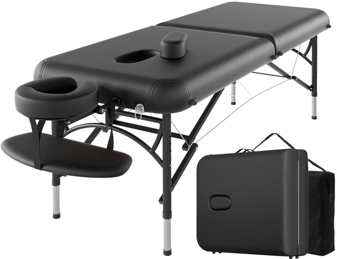 CLORIS 84" Professional Massage Table Portable 2 Folding Lightweight Facial Solon Spa Tattoo Bed Height Adjustable with Carrying Bag & Aluminium Leg Hold Up to 1100LBS (Black)