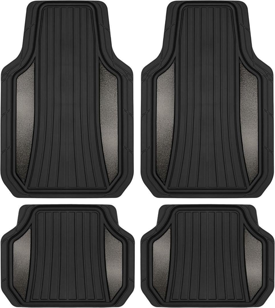 Motor Trend ChromeTech Car Floor Mats Full Set - Durable Rubber Floor Mats for Cars with Two Tone Accent, All Weather Interior Protection for Front and Rear with Non-Slip Backing, Gunmetal Chrome