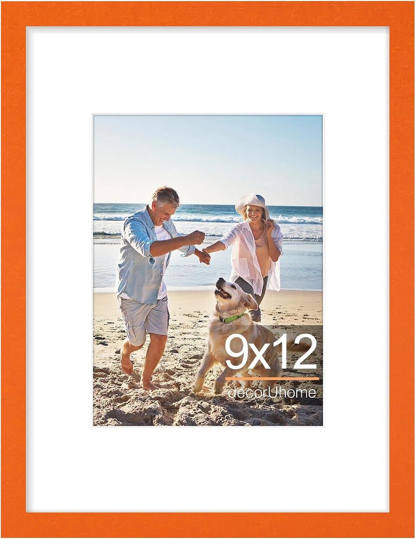 DecorUhome 9x12 Picture Frame, Display Pictures 6x8 with Mat or 9x12 without Mat, Wall & Tabletop Display Photo Frame, Orange, 1 Pack