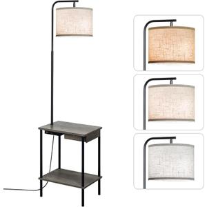 EOEYYOYB Floor Lamp with Table & Drawers, End Table Lamp with USB Charging Portt Power Outlet and Shelves, Side Table Reading Light with 3 Color Temperature Led Bulb Included for Living Room, Gray