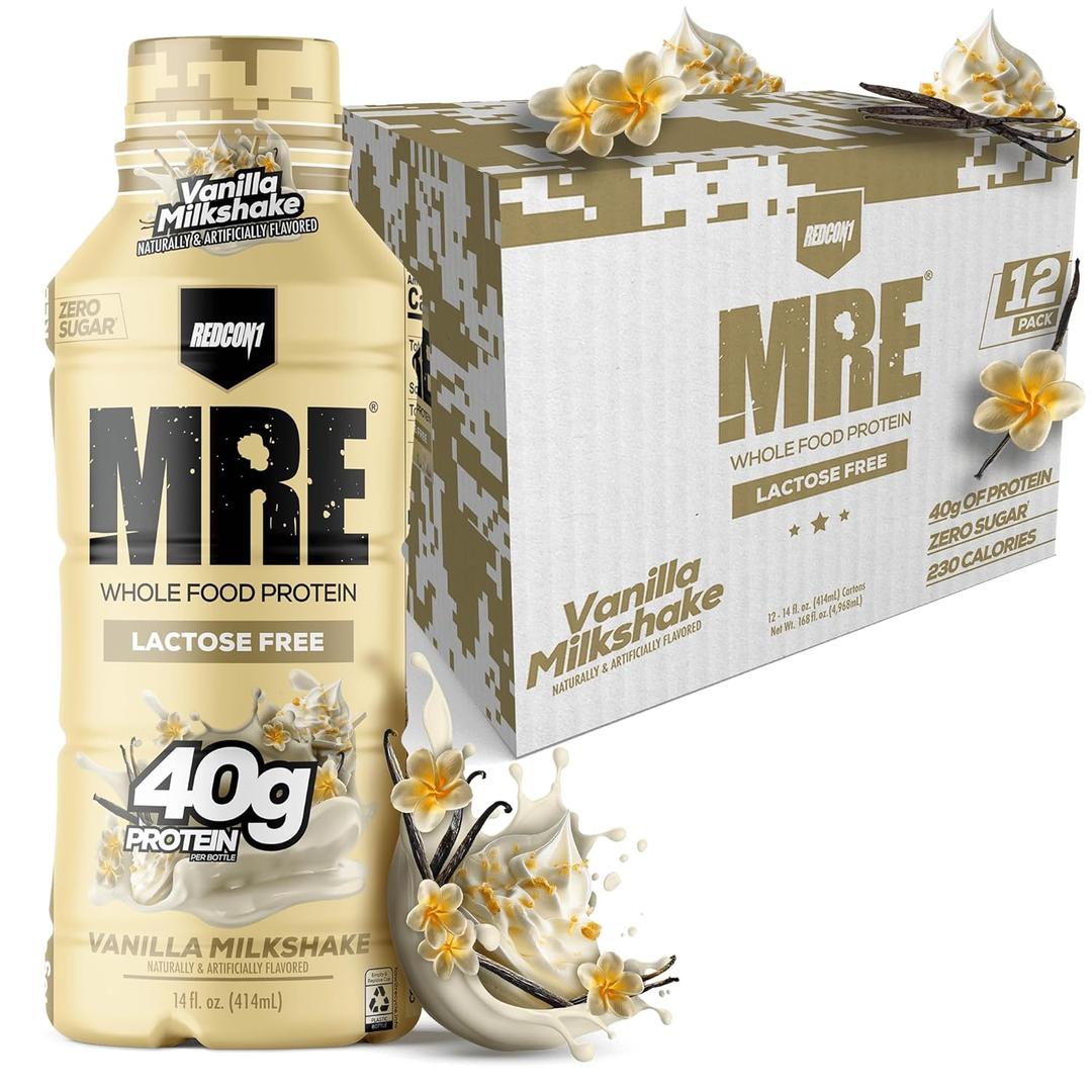 REDCON1 MRE Ready to Drink Protein Shake, Vanilla Milkshake - Lactose Free RTD 40gr Protein Made with Real Whole Food Protein Blends - Easy to Digest Nutritional Shake (12 Pack) (BBD-11/24/26)