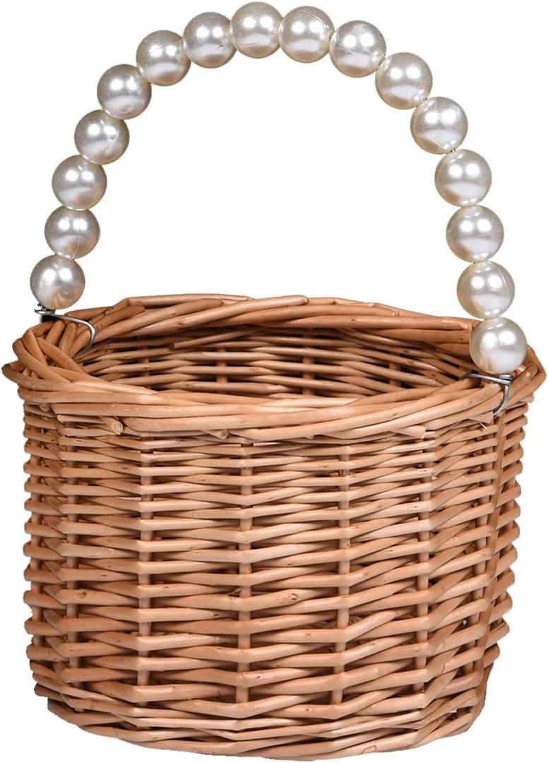Wicker Rattan Flower Girl Basket - Pearl Handle Wedding and Home Decor (4)
