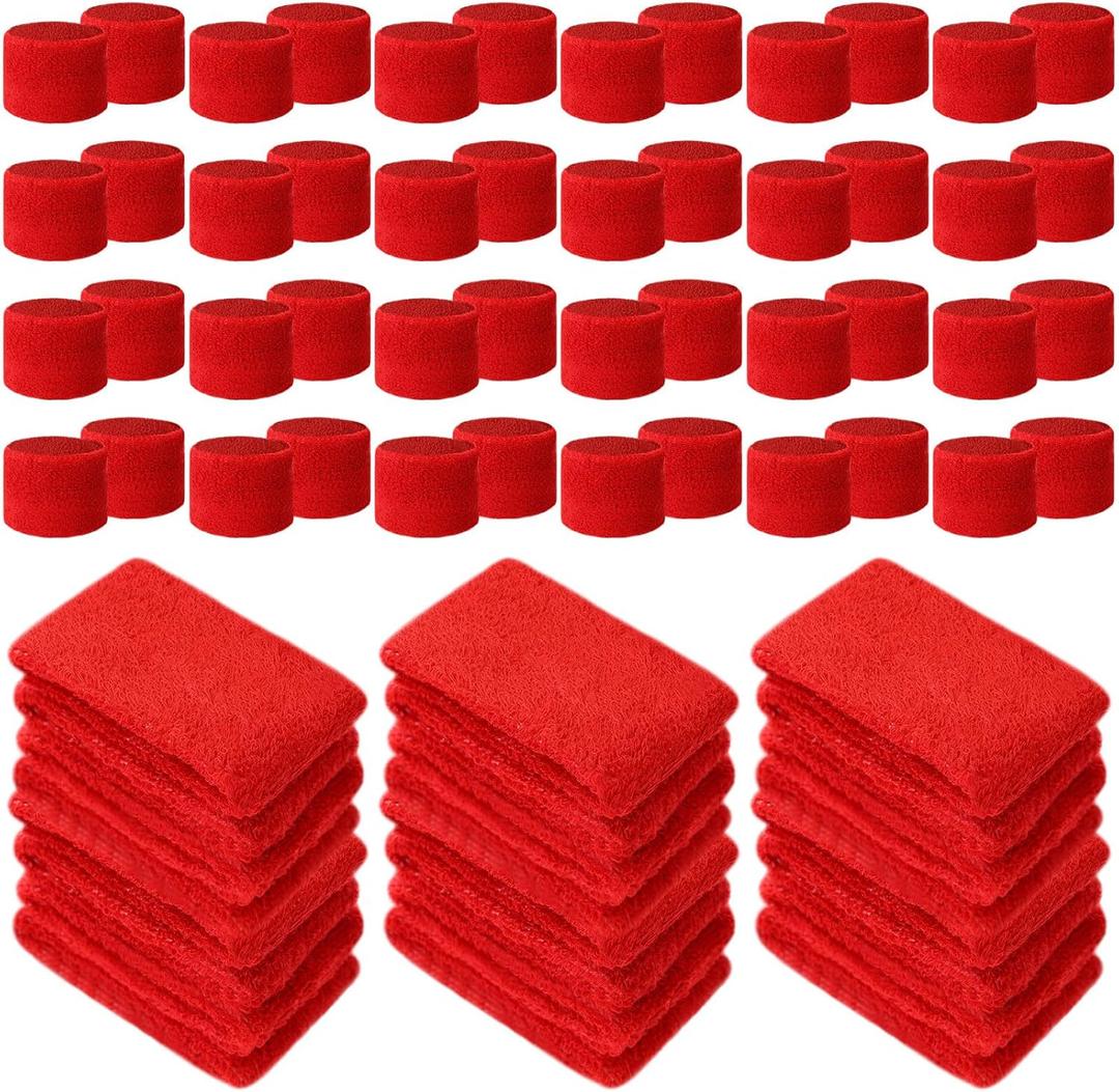 Leyndo 72 Pcs Wrist Sweatbands Bulk for Kids Field Day Cotton Terry Sweat Bands Sports Fan Wristbands Kids for Summer Camp Student Football Team Competition Party (Red)