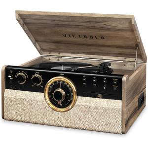 Victrola Empire Mid-Century 6-in-1 Turntable with 3 Speed Record Player, Bluetooth Connectivity, Radio, Cassette and CD Player (Farmhouse Walnut) (Walnut)