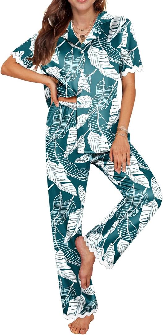 Ekouaer Women's Silk Satin Pajamas Set Button Down 2 Piece Pjs Short Sleeve Long Pants Sleepwear Lounge Set, (Medium, Green Plant)