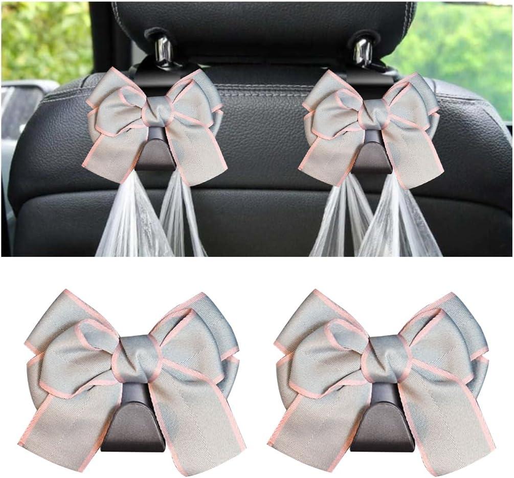 Mandark 2PCS Car Seat Headrest Hooks, Cute Bow Vehicle Hooks for Purses and Bags, Automotive Purse Hook Hanger Interior Decoration Accessories, Universal for SUV, Sedan, Truck (Gray Line)