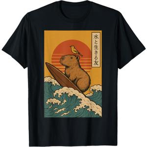 Capybara Surfing Japanese T-Shirt, Size S