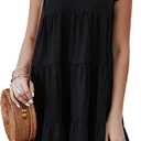 KIRUNDO Summer Dresses for Women Sundress Sleeveless Ruffle Sleeve Round Neck Loose Short Flowy Pleated Mini Babydoll Dress (Large, Black)
