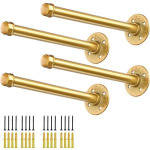 Gold Pipe Shelf Brackets 14 Inch, Industrial Metal Vintage Shelving Bracket, Wall Mounted DIY Iron Pipe Brackets for Floating Shelves, Set of 4