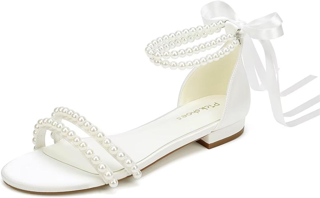 Pearl Flats Bridal Sandals Wedding Flats for Bride Open Toe Beach Wedding Shoes (8, Ivory)