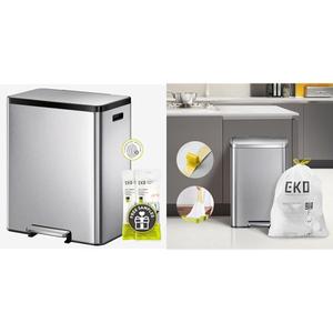 EKO EcoCasa II 36L+24L Dual Trash Can with Recycle Bin, Stainless Steel Garbage Can with Lid & Easy-Dispense Roll of 60 Count Extra-Strong Drawstring Kitchen Trash Bags - 13 Gallon