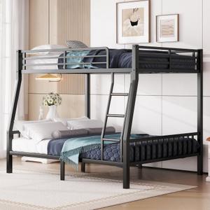 Full XL Over Queen Metal Bunk Bed, Heavy Duty Bunk Beds with Ladder and Slats Support, Queen Bunk Beds,Space-Saving Bunk Bed Frame for Adults Teens, Black