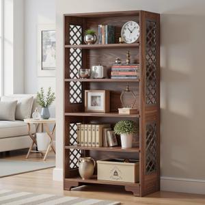 Bookshelf 6 Tier Freestanding 70.87" Modern Book Case Display Shelf with X-Shaped Hollow Pattern and Thick MDF Material for Bedroom, Home Office, and Living Room, Coffee Brown