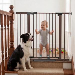 Mumeasy 36" Extra Tall Dog Gate, Auto Close Baby Gate for Stairs Doorways, 29.7-46" Wide Walk Thru Child Safety Gate for House, Easy Install Pressure Mounted Metal Pet Gate with Door, Brown