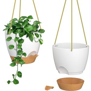 ZMTECH 10 Inch Hanging Planters for Indoor Outdoor Plants, 2 Pack Self Watering Hanging Plant Pots with Drainage Holes and Removable Saucer, Plastic Flower Hanging Pots with Watering Lip (White)