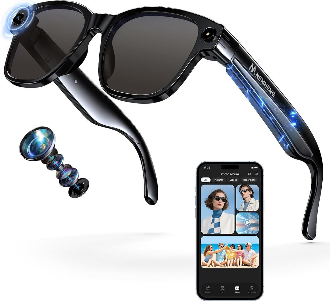 Nemheng AI Smart Glasses with 800mp Camera Real-Time Translation in 139 Languages,1200p Video Recording,Open-Ear Audio,Object Recognition for iOS Android