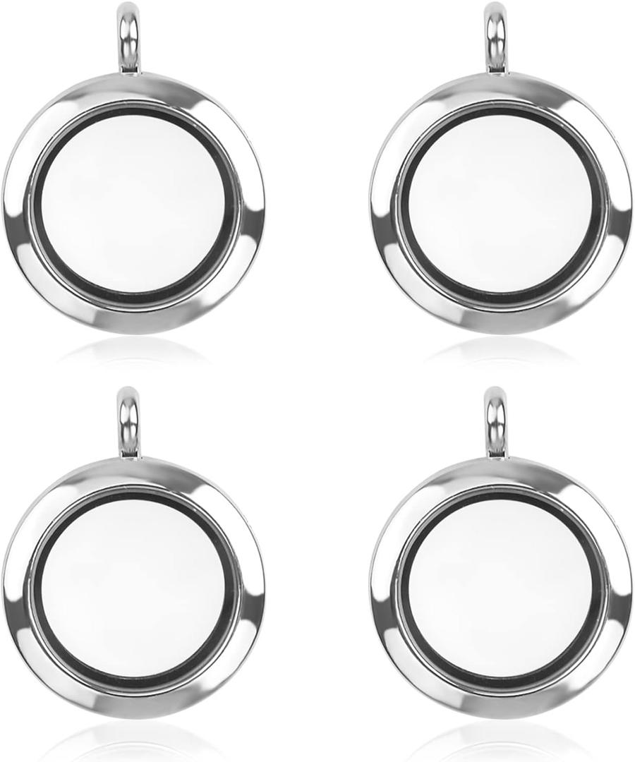 WANDIC Glossy Photo Charms, Pack of 4 Silver Round Memory Locket Pendant Bridal Wedding Bouquet Charms for Photo or Decoration, 25mm