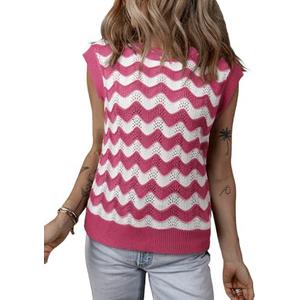 SHEWIN Sweater Vest for Women Crewneck Striped Crochet Sleeveless Sweaters Tank Tops S