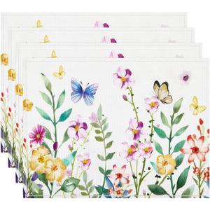 DECYOOL Spring Placemats Set of 4, 12.5x17 Inch Butterfly Flower Spring Placemats Party Kitchen Dining Holiday Summer Decoration for Indoor Outdoor Decoration