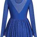 ODASDO Figure Skating Dress for Women Mesh Long Sleeve Sparkly Sequin Rhinestones Skirted Leotard Gym Ballet Dancewear (Blue, L)