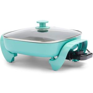GreenLife 12" 5QT Square Electric Skillet, Glass Vented Lid, Ceramic PFAS-Free Nonstick Interior, Adjustable Temperature Control, Cool Touch Handles, Quick Even Heating, Scratch Resistant, Turquoise