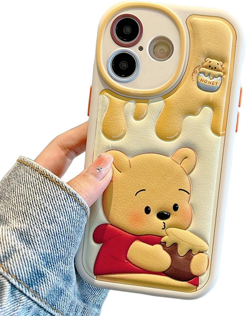 Compatible with iPhone 16 Plus Cute Case, Kawaii Phone Case TPU Leather Cute Bear Cartoon case Soft Rubber Shockproof Protective for iPhone 16 Plus Case Cover for Women Girls