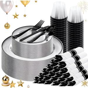 SUT 175 Pcs Black and Clear Plastic Dinnerware Set for 25 Guests, Include: 25 Dinner Plates, 25 Dessert Plates, 25 Pre Rolled Napkins With Silverware, 25 Cups, Disposable Plates for Party