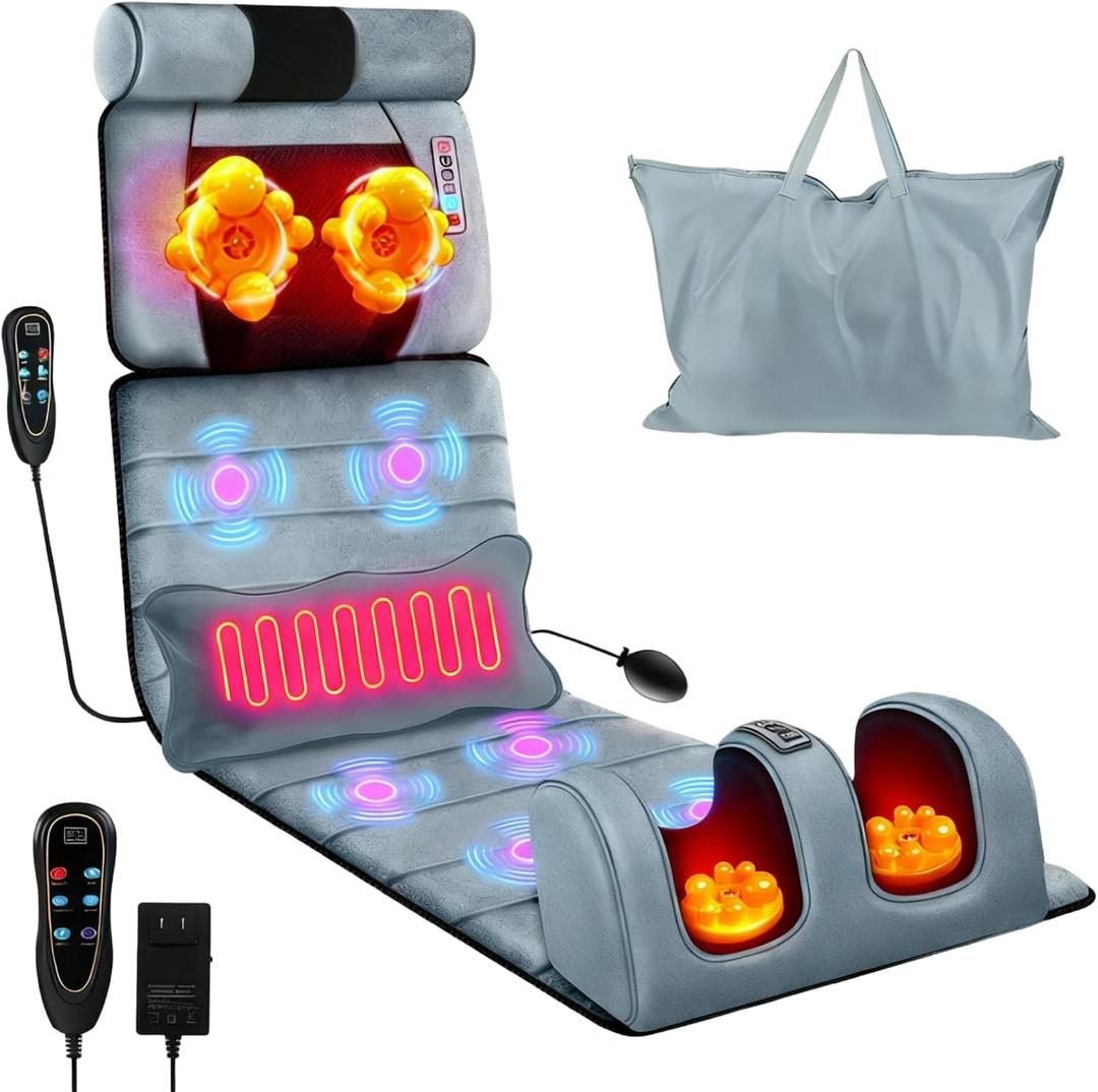 Full Body Massage Mat, Detachable Neck Massager & Foot Massager, 10 Vibration 3 Strength Adjustments Electric Heating Back Massage Pad with Head Pillow & Lumbar Pillow, Gifts for Mother Mom Men