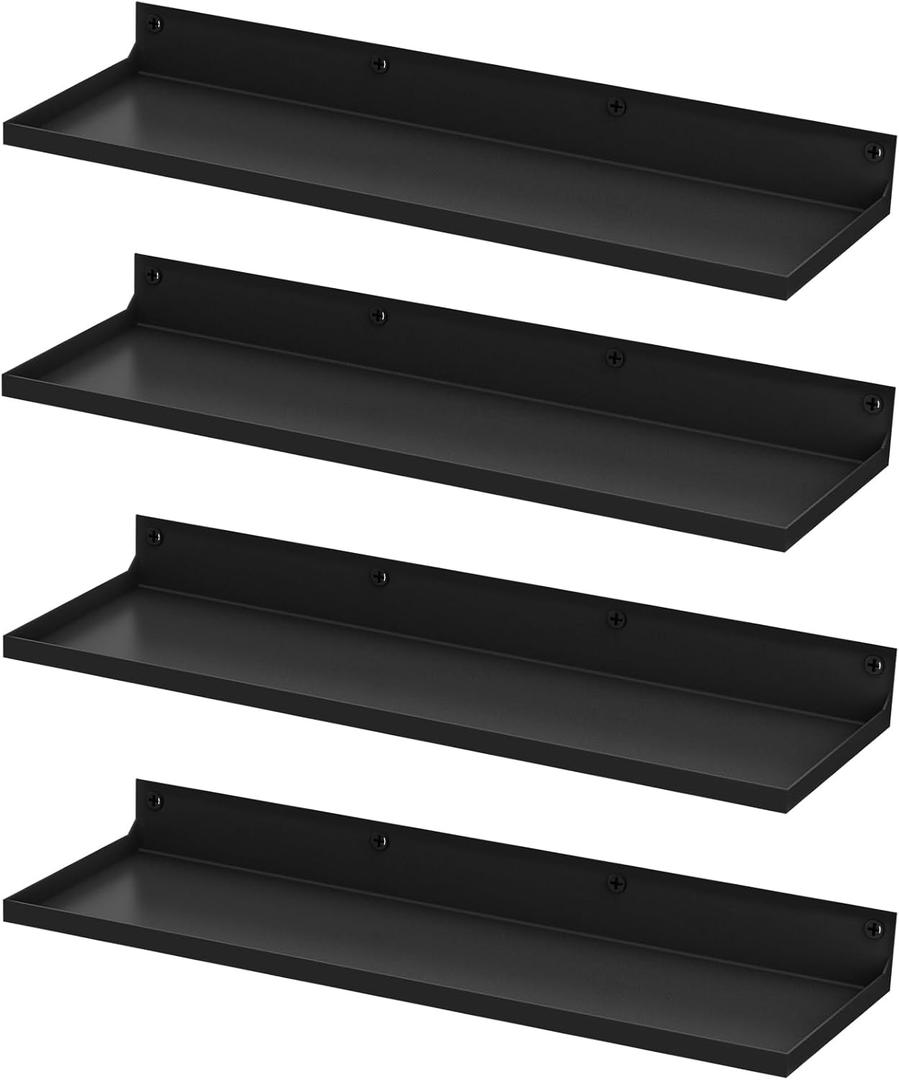 PEKGRIL 4 Pack Metal Floating Shelves, 17x6 Inch Large Wall Mounted Shelf for Storage, Black Kids Bookshelf, Display Ledge Shelves with Lip for Bathroom, Bedroom, Living Room, Bathroom, Kitchen