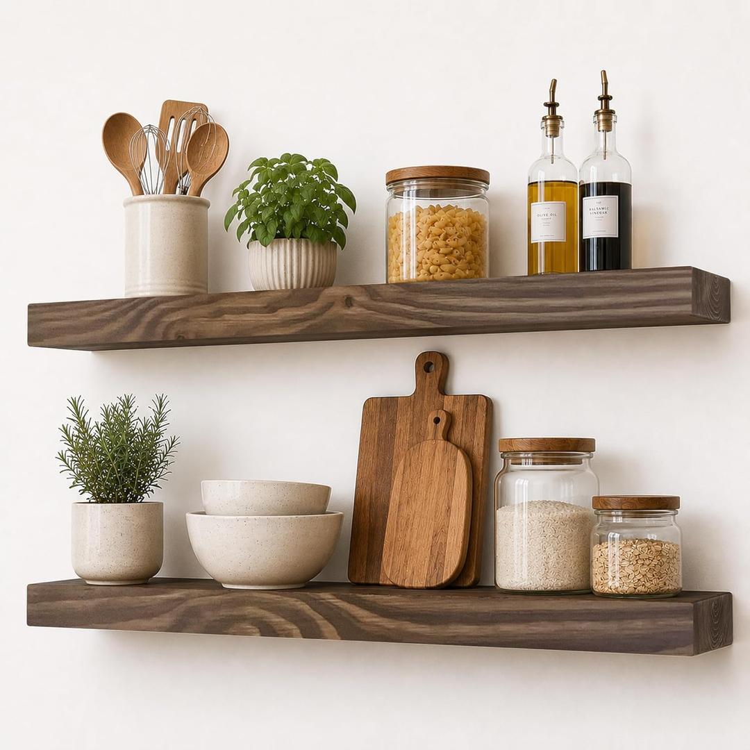 30 Inch Rustic Wood Floating Shelves for Wall, 8.66 Inch Deep Solid Wood Wall Shelf with Heavy Duty Hidden Bracket, Black Walnut, 30 8.66 2.28, for Living Room Bathroom Bedroom, Set of 2